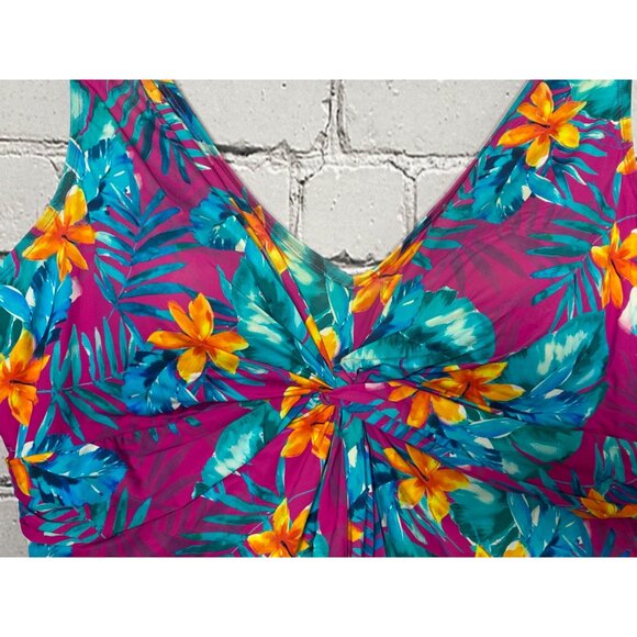 Swimsuits For All Womens Plus Size 24 Hibiscus V Neck One Piece Swim Dress - Picture 3 of 6